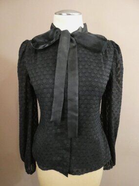 RP Rachel Parcell Women's XS Black Swiss Dot Tie Neck Blouse Top Sheer Sleeve